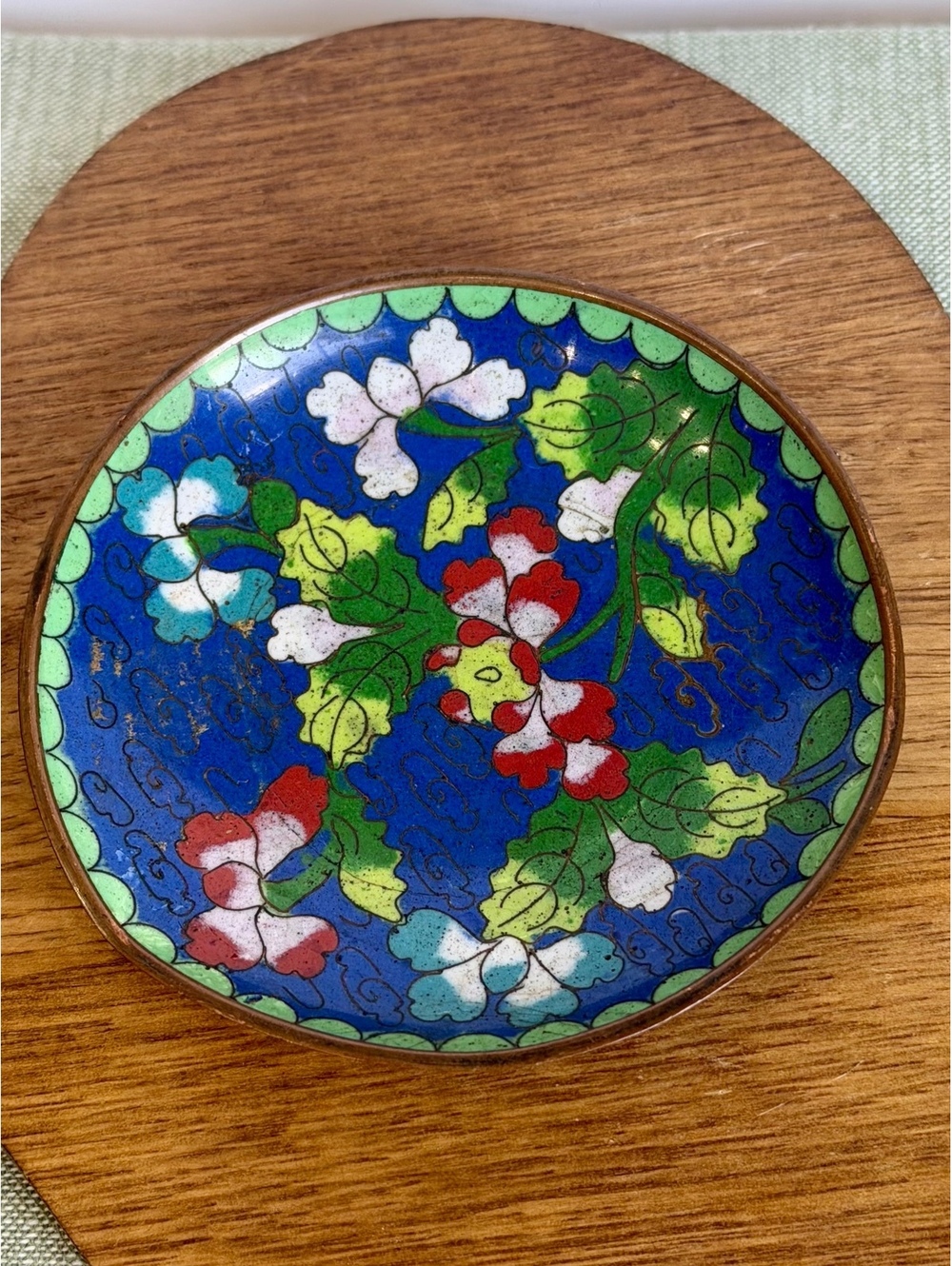 Vintage Chinese Cloisonne Enamel Floral Dish Blue 4” Made in China